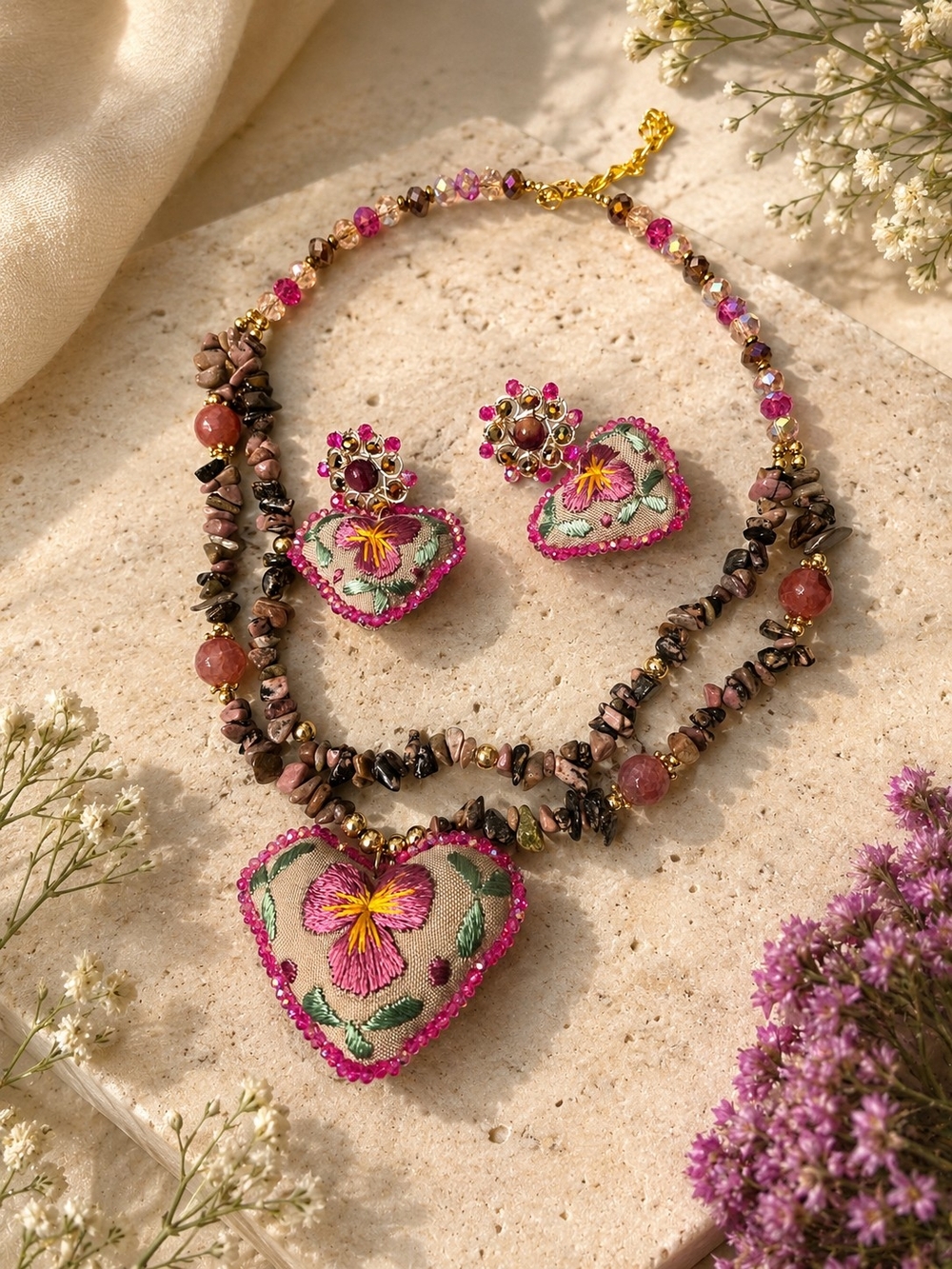 Hand-Embroidered Heart Necklace & Earrings Set - Pink Floral Accent